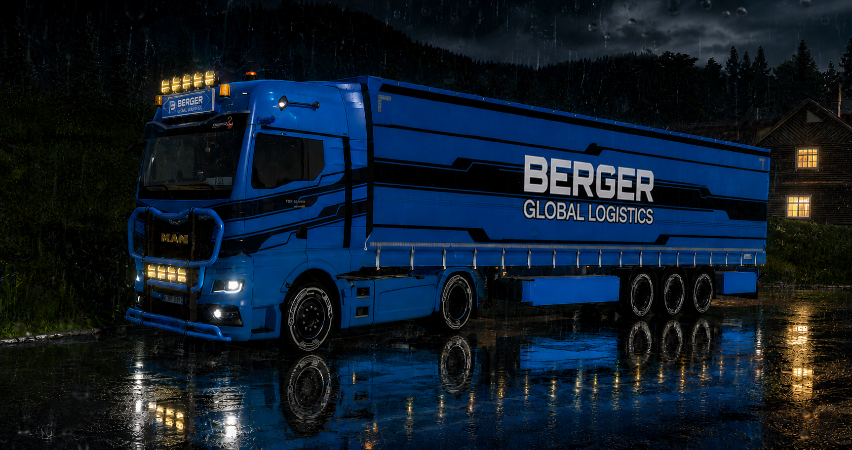 Blauer BGL MAN Truck bei Nacht